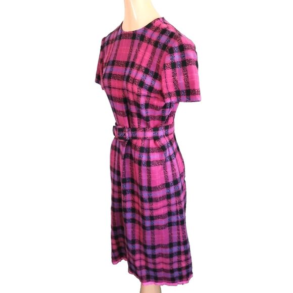 1960s Vintage Fuchsia and Purple Plaid Knit Dress with Belt, 36 Inch Bust, Med - Picture 2 of 5